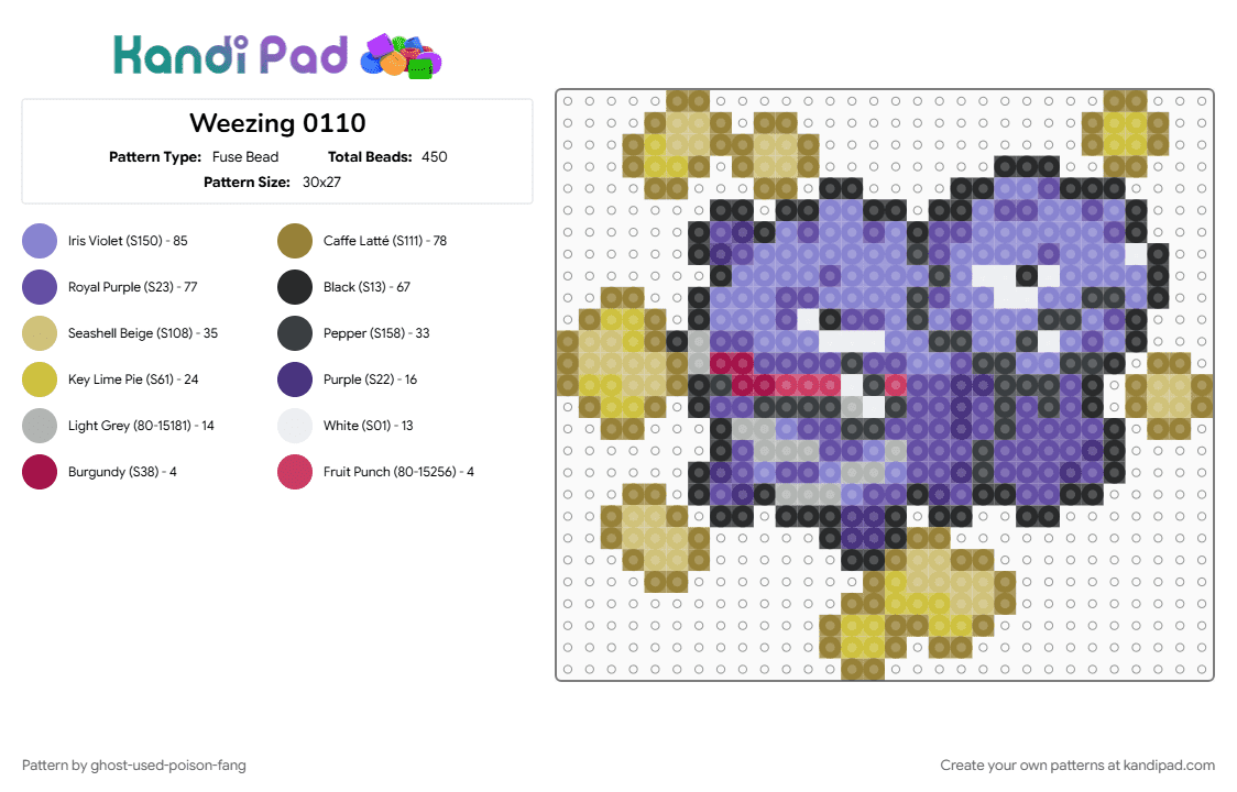 Weezing 0110 - Fuse Bead Pattern by ghost-used-poison-fang on Kandi Pad - blue, gold, pokemon, pokemon sprite, purple, weezing