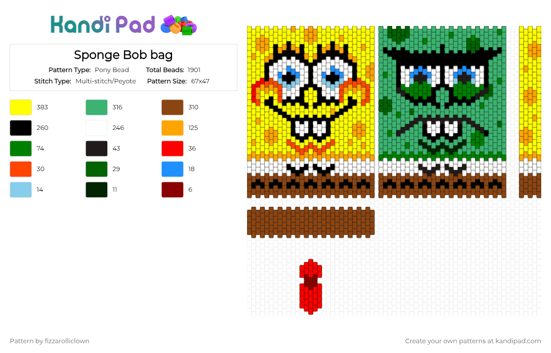 Sponge Bob bag - Pony Bead Pattern by fizzarolliclown on Kandi Pad - green, red, yellow