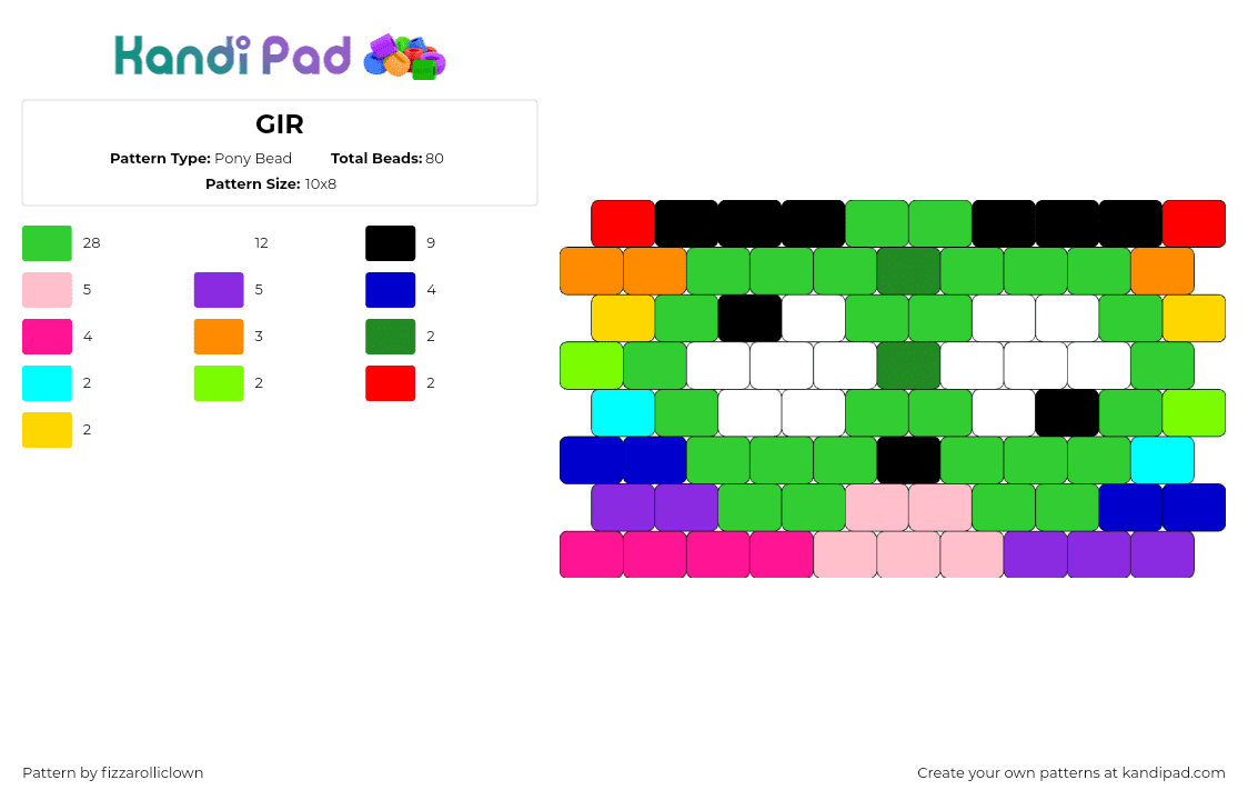 GIR - Pony Bead Pattern by fizzarolliclown on Kandi Pad - gir,invader zim,rainbow,derpy,eyes,cartoon,tv show,green