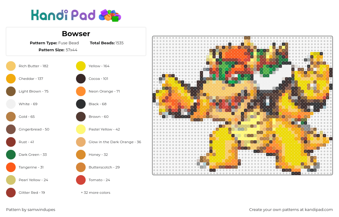 Bowser - Fuse Bead Pattern by samwindupes on Kandi Pad - bowser,nintendo,character,mario,video game,yellow,orange