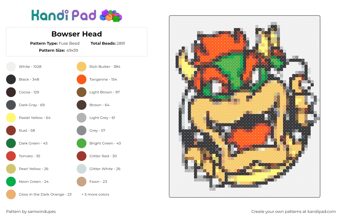 Bowser Head - Fuse Bead Pattern by samwindupes on Kandi Pad - bowser,nintendo,mario,video game,tan,green,orange