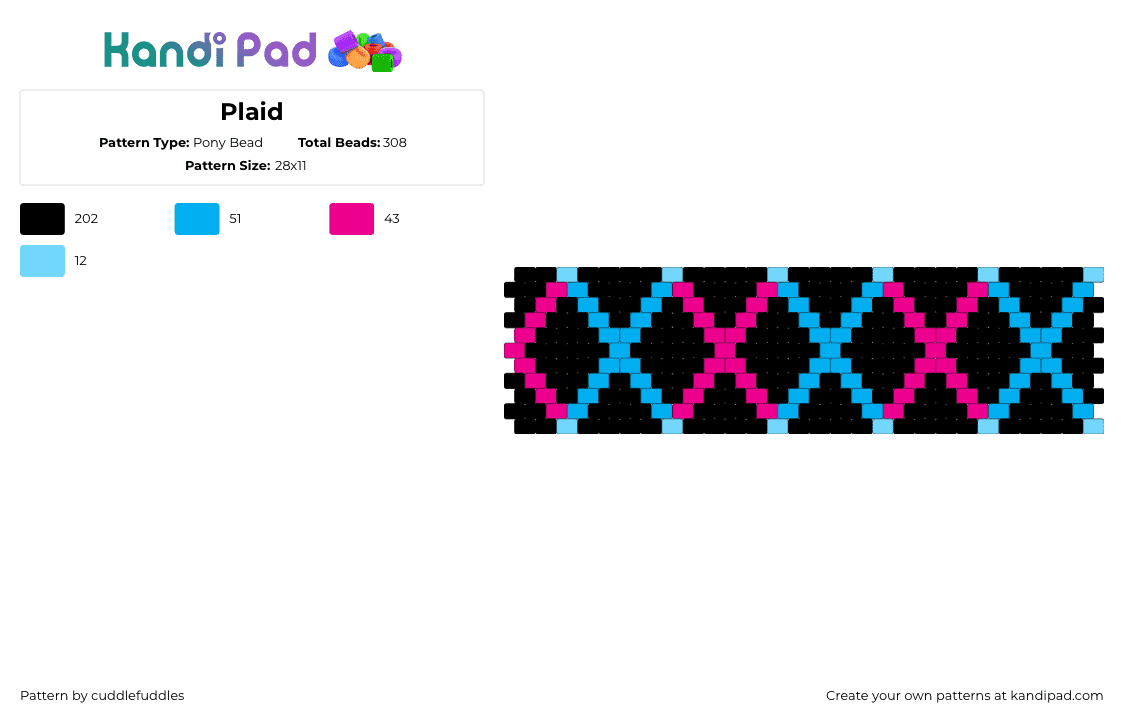 Plaid - Pony Bead Pattern by cuddlefuddles on Kandi Pad - plaid,cross,neon,dark,cuff,repeating,black,pink,light blue