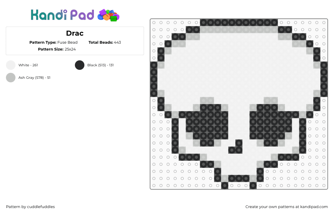 Drac - Fuse Bead Pattern by cuddlefuddles on Kandi Pad - skull,vampire,dracula,fangs,spooky,horror,charm,white,black