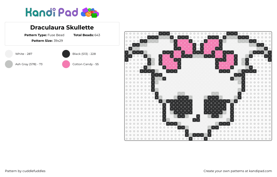 Draculaura Skullette - Fuse Bead Pattern by cuddlefuddles on Kandi Pad - skullette,draculaura,monster high,skull,bows,white,pink