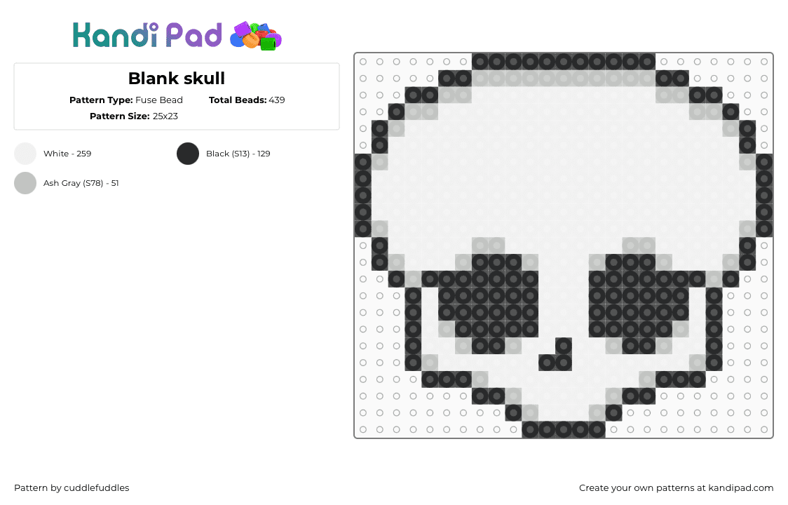 Blank skull - Fuse Bead Pattern by cuddlefuddles on Kandi Pad - skull,spooky,horror,head,charm,white,black