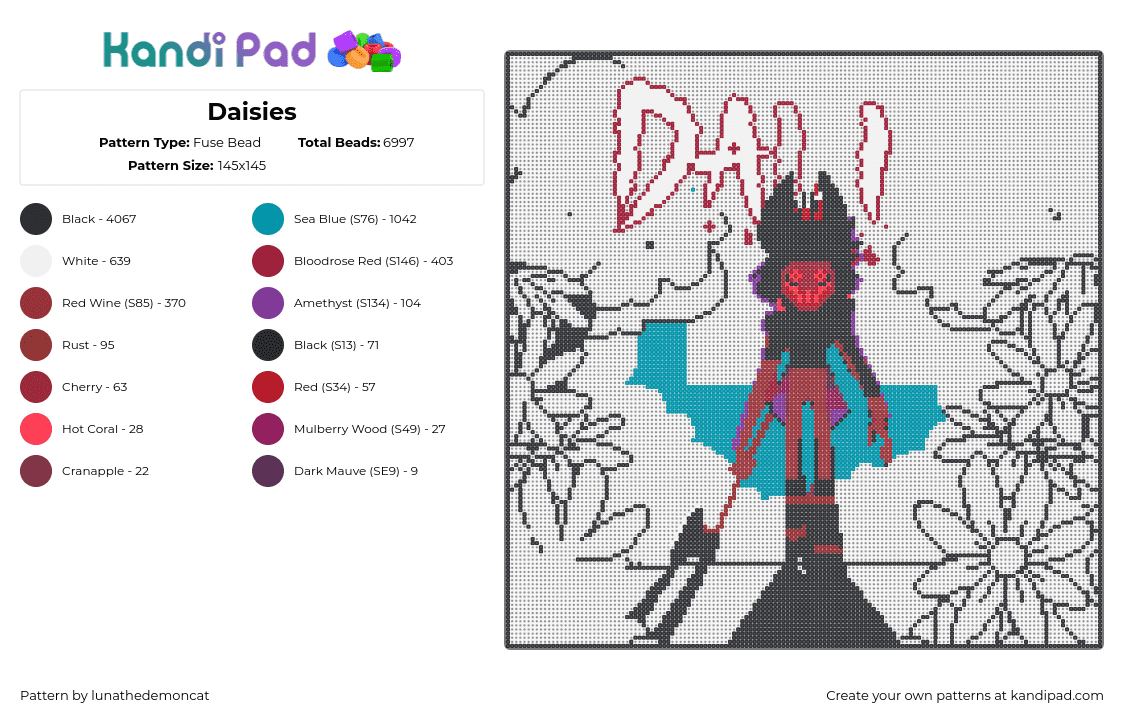 Daisies - Fuse Bead Pattern by lunathedemoncat on Kandi Pad - alastor,hazbin hotel,helluva boss,black,red