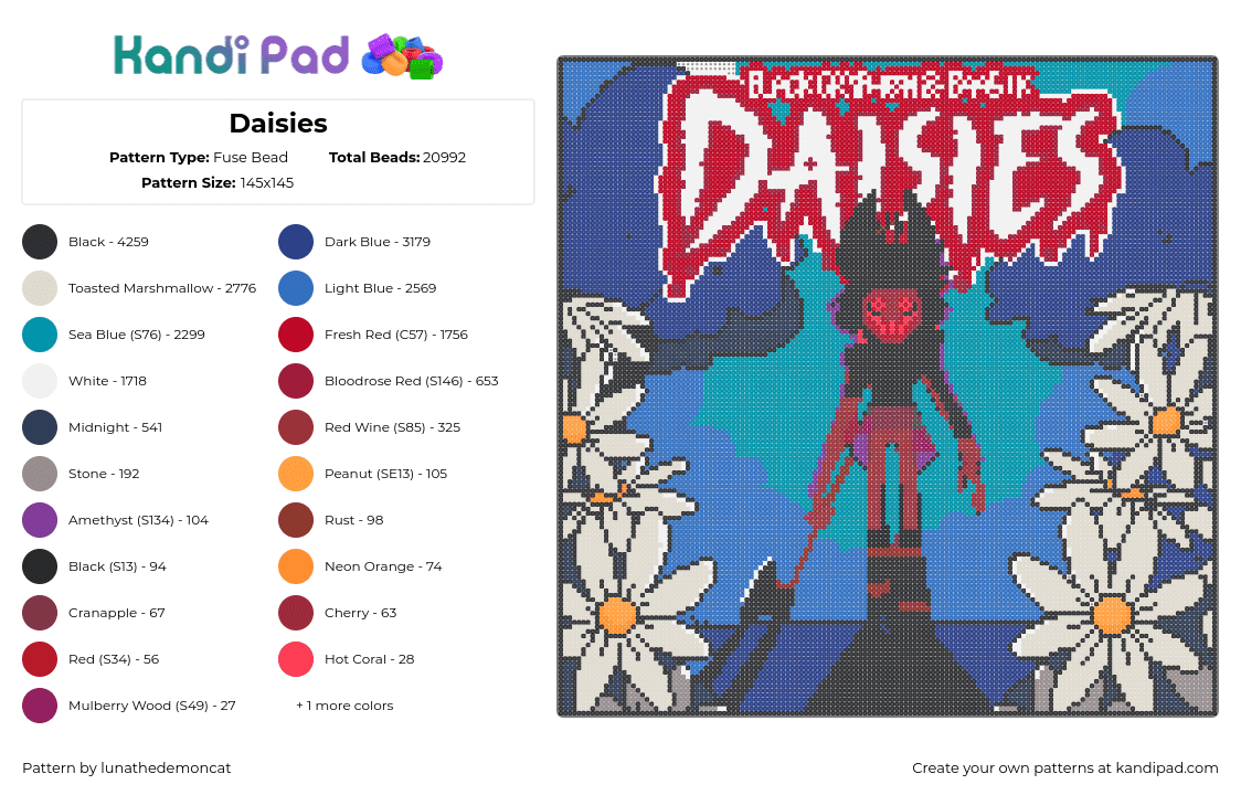 Daisies - Fuse Bead Pattern by lunathedemoncat on Kandi Pad - daisies,alastor,hazbin hotel,helluva boss,music,horror,spooky,animation,tv show,panel,black,red,blue,white