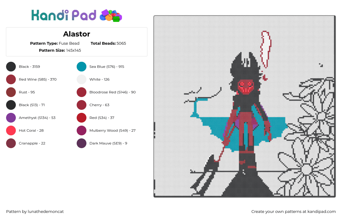 Alastor - Fuse Bead Pattern by lunathedemoncat on Kandi Pad - alastor,hazbin hotel,helluva boss,black,red