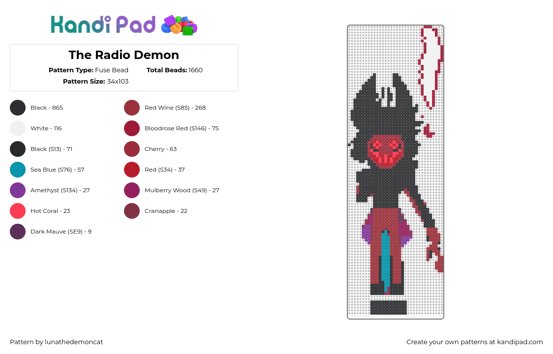 The Radio Demon - Fuse Bead Pattern by lunathedemoncat on Kandi Pad - alastor,hazbin hotel,helluva boss,charater,tv show,animation,black,red