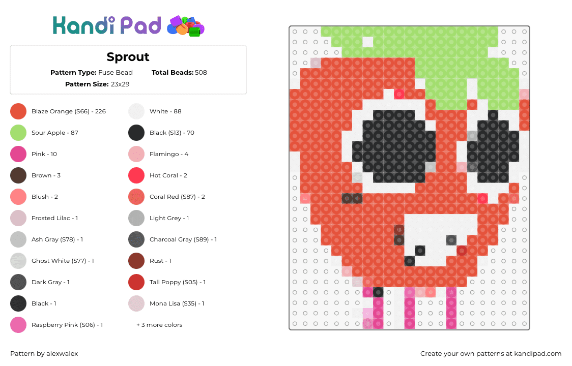 Sprout - Fuse Bead Pattern by alexwalex on Kandi Pad - strawberry,fruit,character,face,eyes,red,white,green