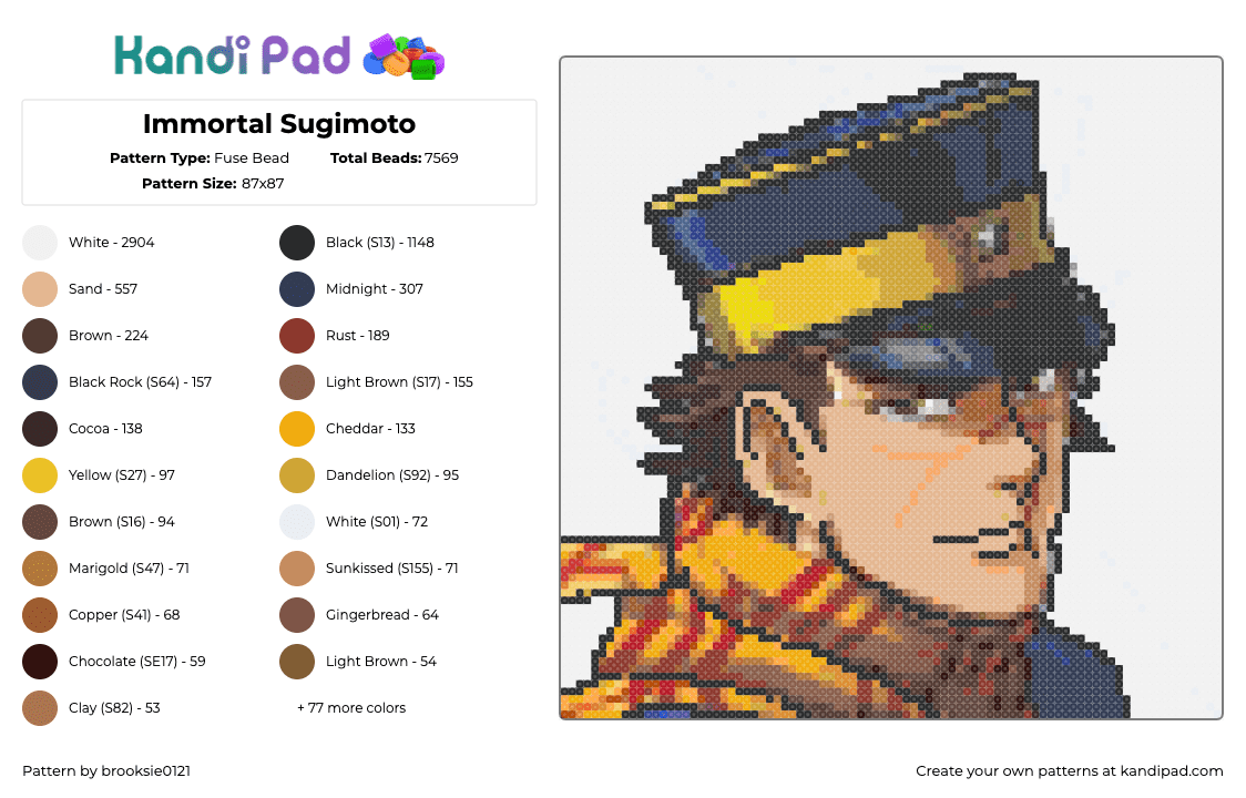 Immortal Sugimoto - Fuse Bead Pattern by brooksie0121 on Kandi Pad - saichi sugimoto,golden kamuy,manga,portrait,anime,character,hat,scarf,blue,gold,orange,tan