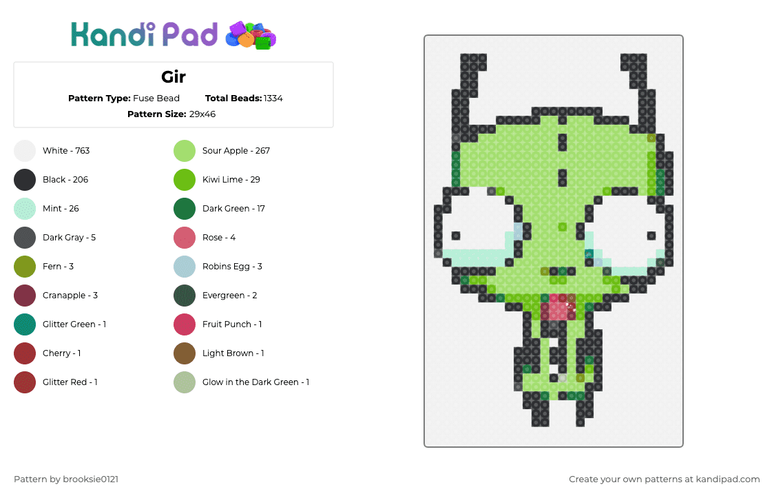 Gir - Fuse Bead Pattern by brooksie0121 on Kandi Pad - white,green,invaderzim