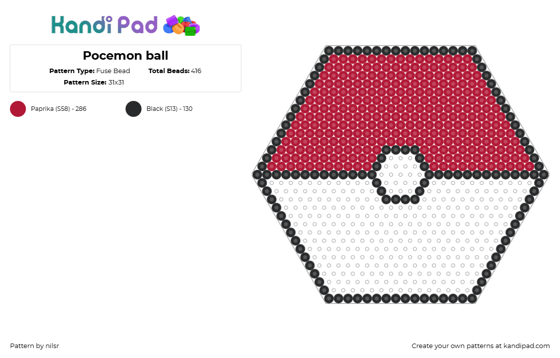 Pocemon ball - Fuse Bead Pattern by nilsr on Kandi Pad - pokeball,pokemon,gaming,red