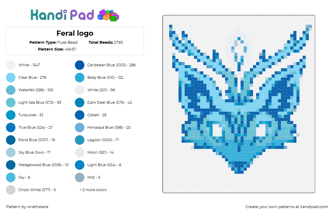 Feral logo - Fuse Bead Pattern by wrathskele on Kandi Pad - feral,centuria,logo,animal,video game,rpg,blue,light blue