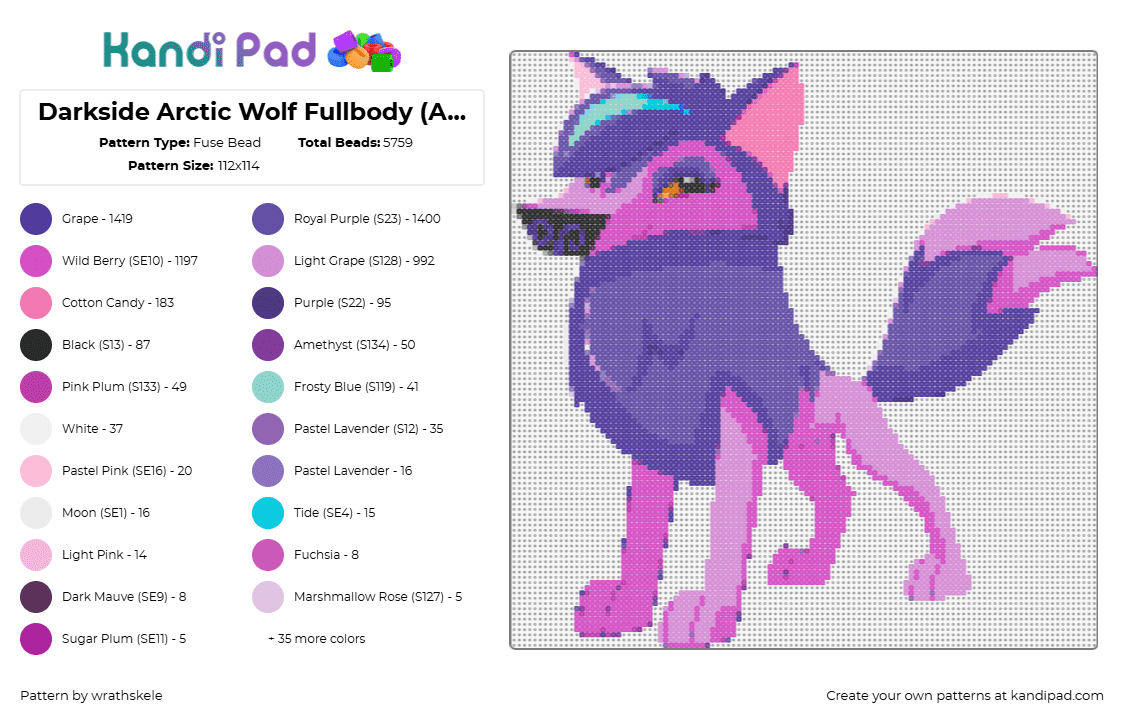 Darkside Arctic Wolf Fullbody (Animal Jam) - Fuse Bead Pattern by wrathskele on Kandi Pad - arctic wolf,animal jam,darkside,character,video game,mmorpg,purple,pink