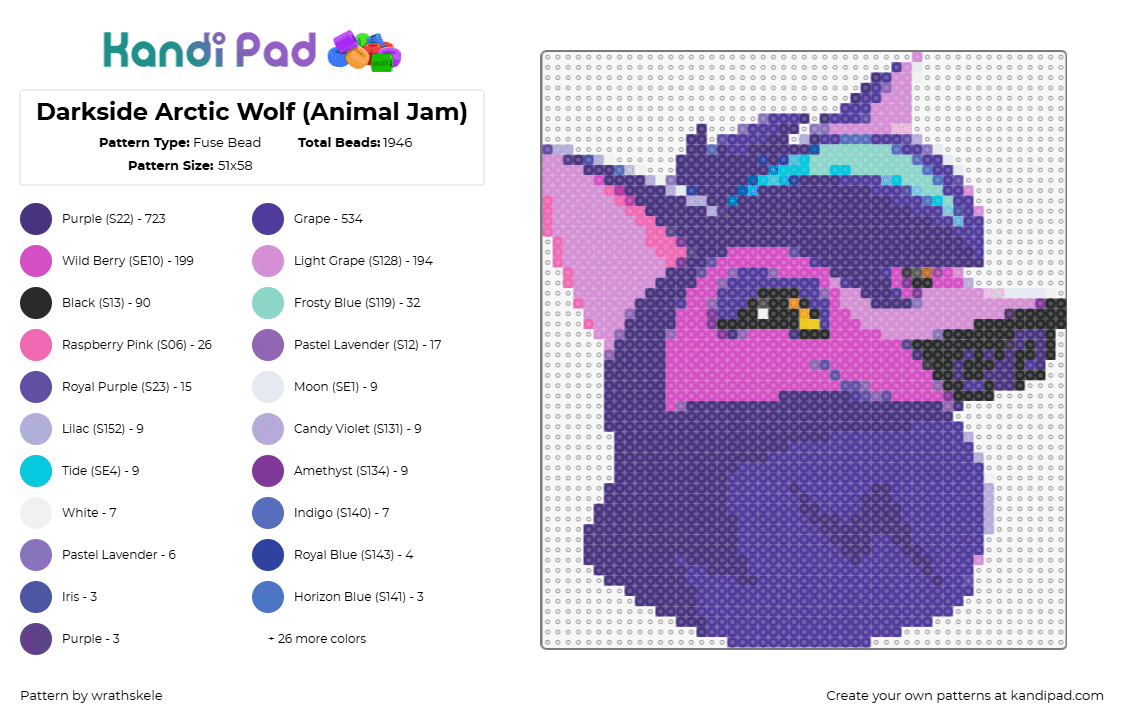 Darkside Arctic Wolf (Animal Jam) - Fuse Bead Pattern by wrathskele on Kandi Pad - arctic wolf,animal jam,darkside,head,character,video game,mmorpg,purple,pink