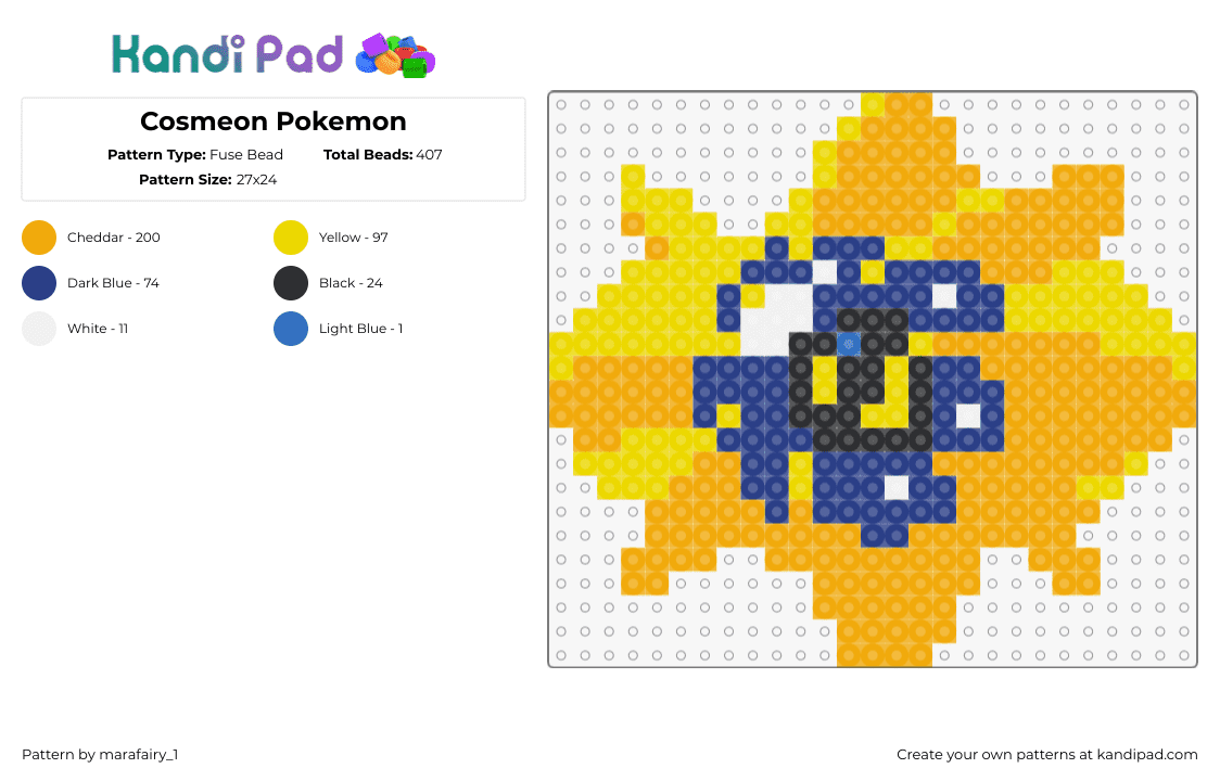 Cosmeon Pokemon - Fuse Bead Pattern by marafairy_1 on Kandi Pad - cosmeon,pokemon,gaming,character,yellow,orange,blue