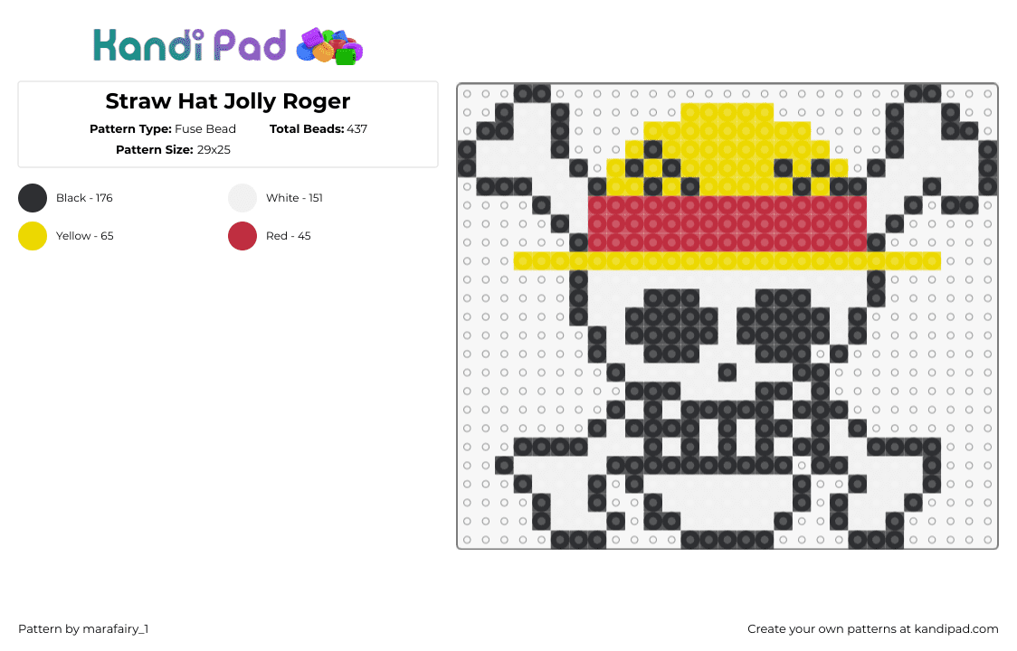 Straw Hat Jolly Roger - Fuse Bead Pattern by marafairy_1 on Kandi Pad - jolly roger,straw hat,one piece,pirates,anime,tv show,white,yellow,red