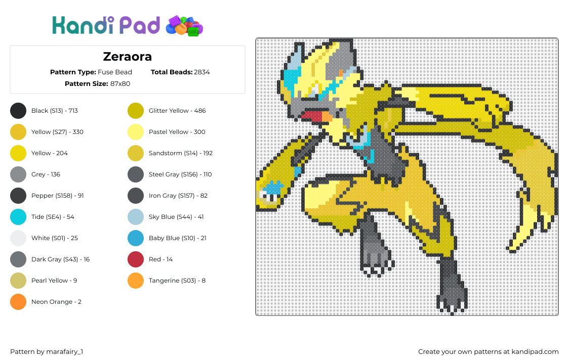 Zeraora - Fuse Bead Pattern by marafairy_1 on Kandi Pad - zeraora,pokemon,character,gaming,yellow,gray