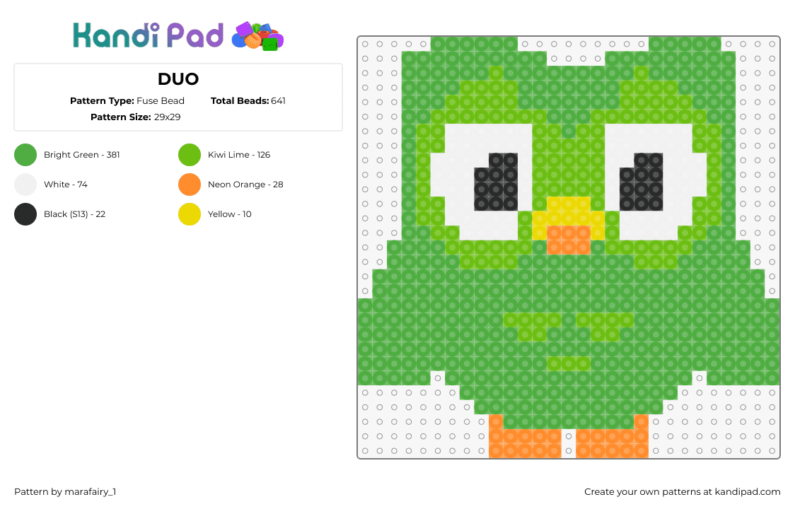 DUO - Fuse Bead Pattern by marafairy_1 on Kandi Pad - duolingo,owl,character,mascot,cute,animal,bird,green