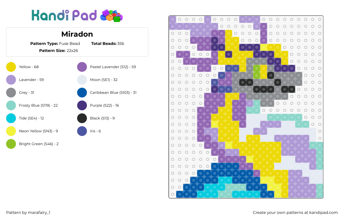 Miradon - Fuse Bead Pattern by marafairy_1 on Kandi Pad - miraidon,pokemon,character,gaming,colorful,purple,yellow