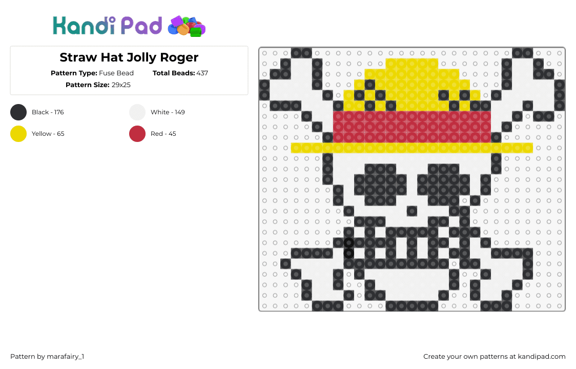 Straw Hat Jolly Roger - Fuse Bead Pattern by marafairy_1 on Kandi Pad - jolly roger,straw hat,one piece,pirates,anime,tv show,white,yellow,red