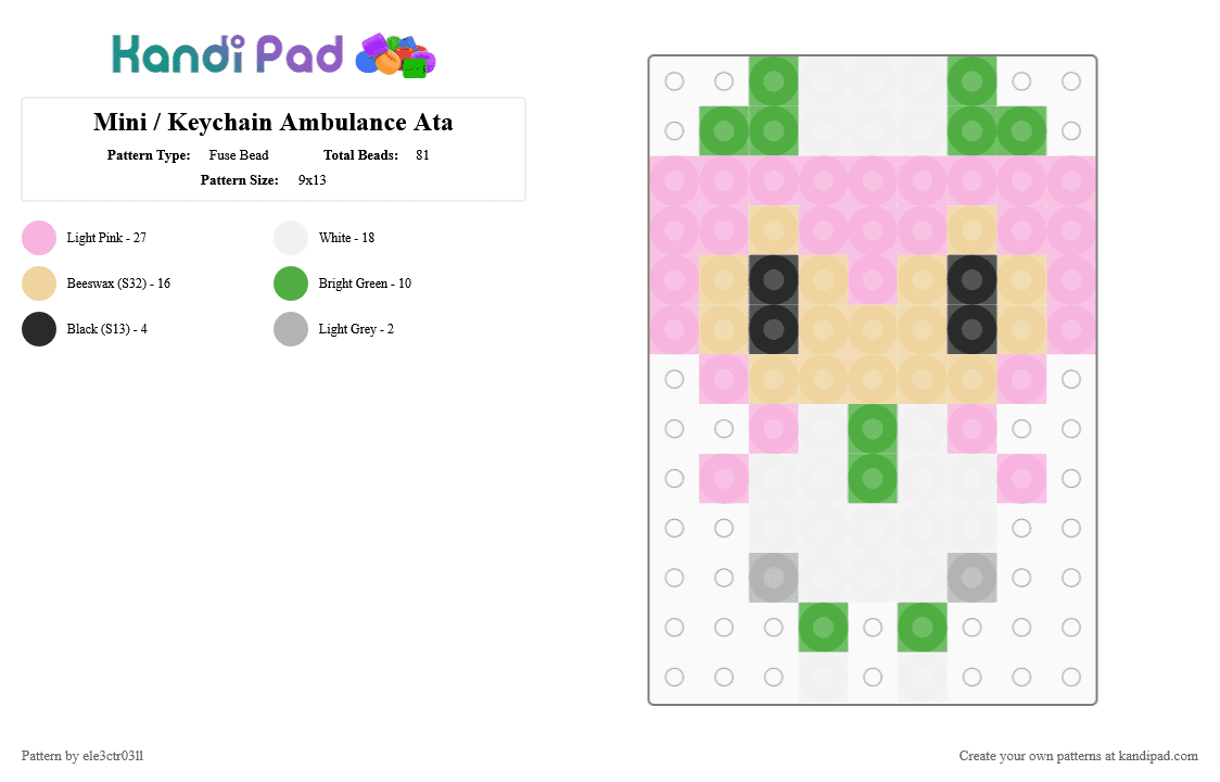Mini / Keychain Ambulance Ata - Fuse Bead Pattern by ele3ctr03ll on Kandi Pad - pink,beige,utau,virtual singer,vocaloid,character,ambulance ata