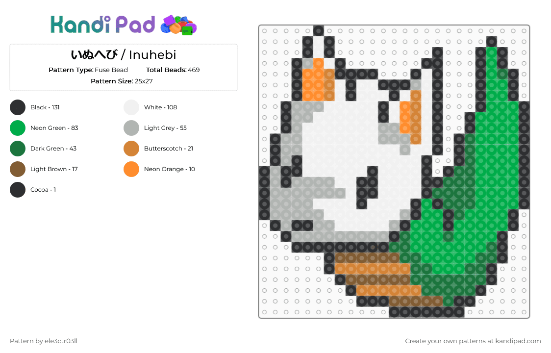 いぬへび / Inuhebi - Fuse Bead Pattern by ele3ctr03ll on Kandi Pad - green,beige,utau,virtual singer,vocaloid,snake,dog,inuhebi,music