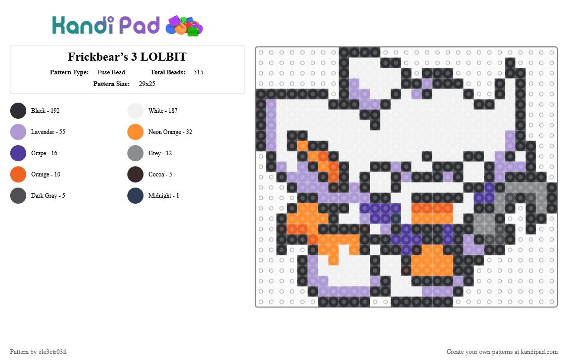 Frickbear’s 3 LOLBIT - Fuse Bead Pattern by ele3ctr03ll on Kandi Pad - five nights at freddys, fnaf, frickbears 3, lolbit, orange, pink, white