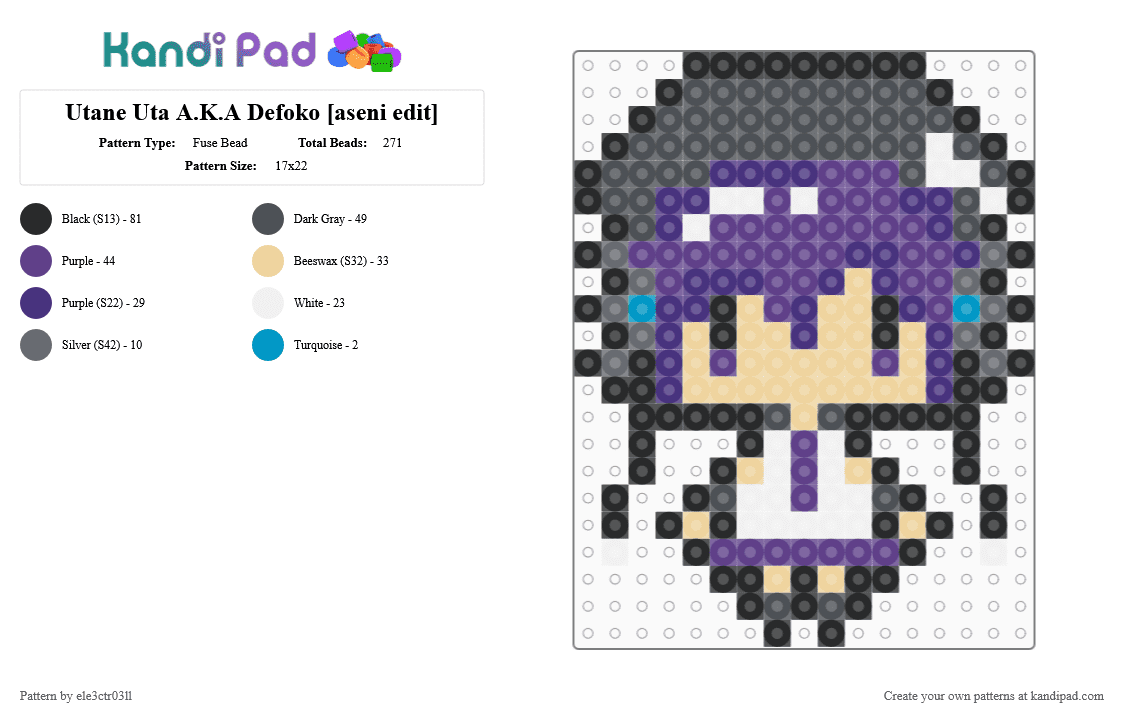 Utane Uta A.K.A Defoko [aseni edit] - Fuse Bead Pattern by ele3ctr03ll on Kandi Pad - gray,purple,character,vocaloid,utau,virtual singer,chibi,music,defoko,utane uta