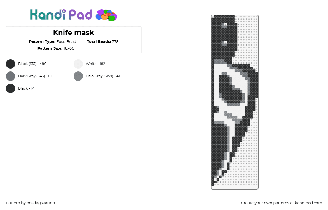 Knife mask - Fuse Bead Pattern by onsdagskatten on Kandi Pad - knife,ghostface,scream,horror,slasher,movie,halloween,white,black