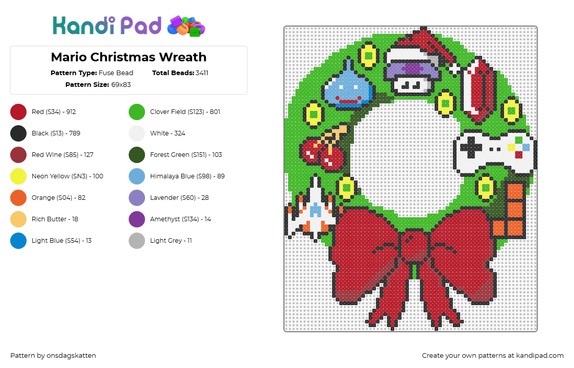 Mario Christmas Wreath - Fuse Bead Pattern by onsdagskatten on Kandi Pad - wreath,christmas,video games,bow,festive,nostalgia,tetris,galaga,zelda,red,green