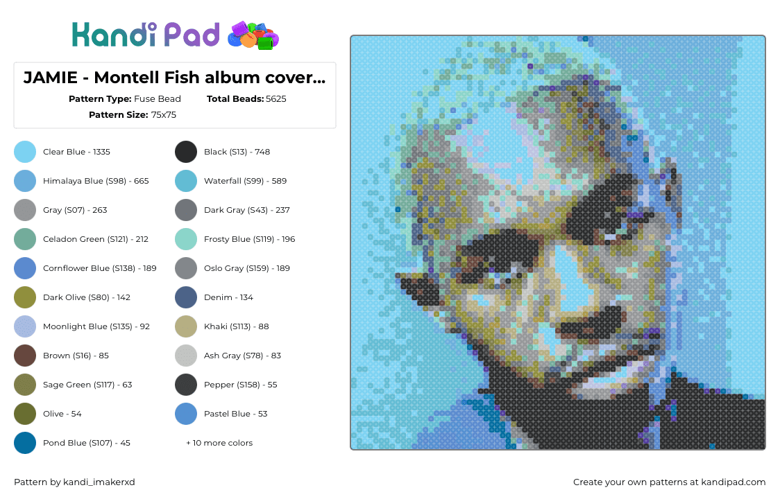 JAMIE - Montell Fish album cover perler - Fuse Bead Pattern by kandi_imakerxd on Kandi Pad - jamie,montell fish,portrait,album,music,light blue