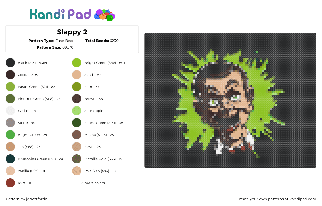 Slappy 2 - Fuse Bead Pattern by jarrettfortin on Kandi Pad - slappy,goosebumps,marionette,puppet,spooky,scary,horror,dark,green,black