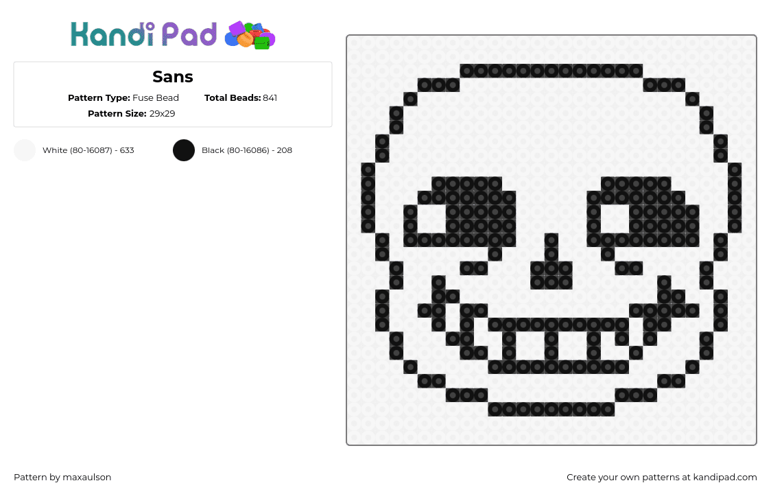 Sans - Fuse Bead Pattern by maxaulson on Kandi Pad - sans,undertale,head,skull,face,character,video game,outline,smile,black,white