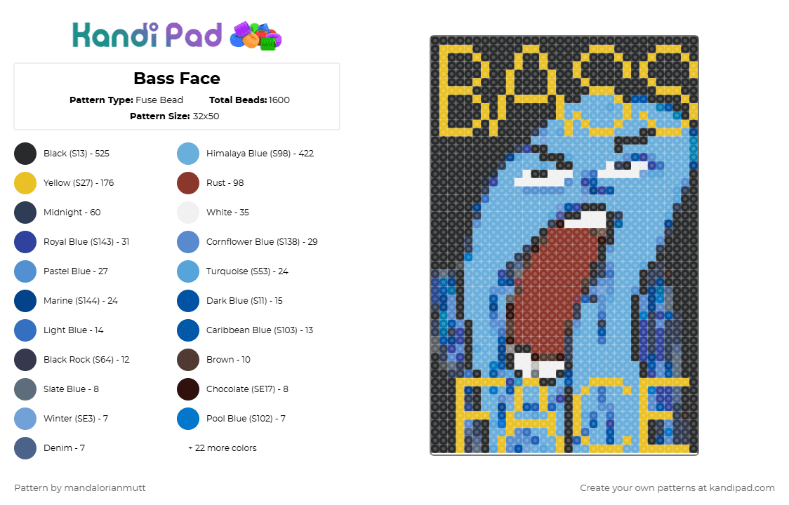 Bass Face - Fuse Bead Pattern by mandalorianmutt on Kandi Pad - light blue,yellow,purple,colorful,bass,rave,edm,bassface,spongebob