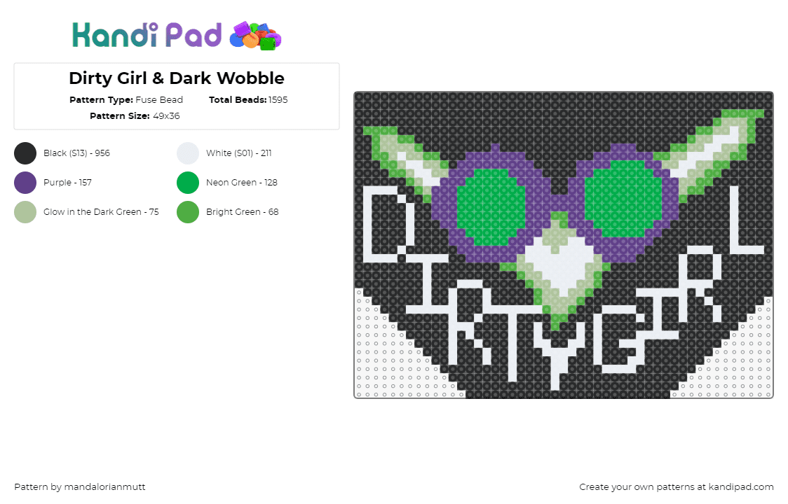 Dirty Girl & Dark Wobble - Fuse Bead Pattern by mandalorianmutt on Kandi Pad - dark wobble,dirty girl,gwn,ganja white night,text,music,dj,edm,glow,green,black