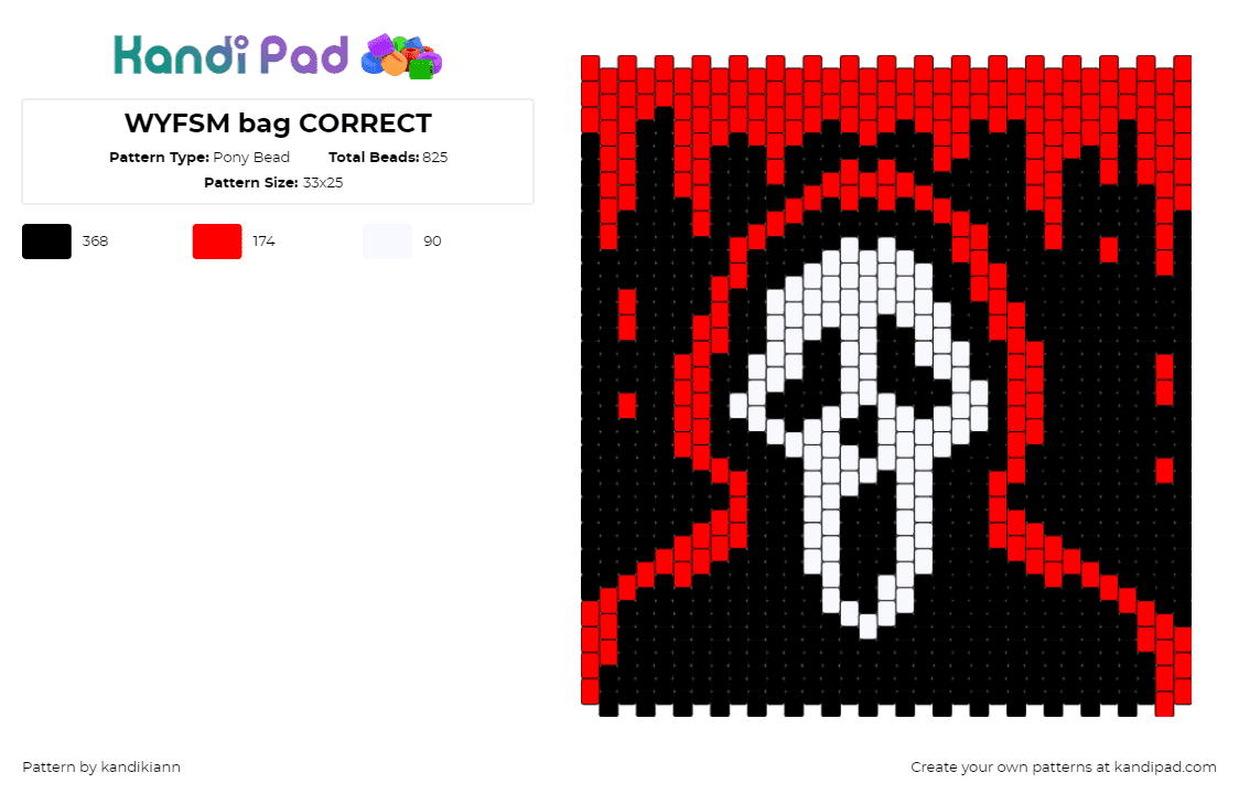 WYFSM bag CORRECT - Pony Bead Pattern by kandikiann on Kandi Pad - ghostface,scream,wyfsm,horror,movie,character,dark,bloody,panel,bag,slasher,black,red,white