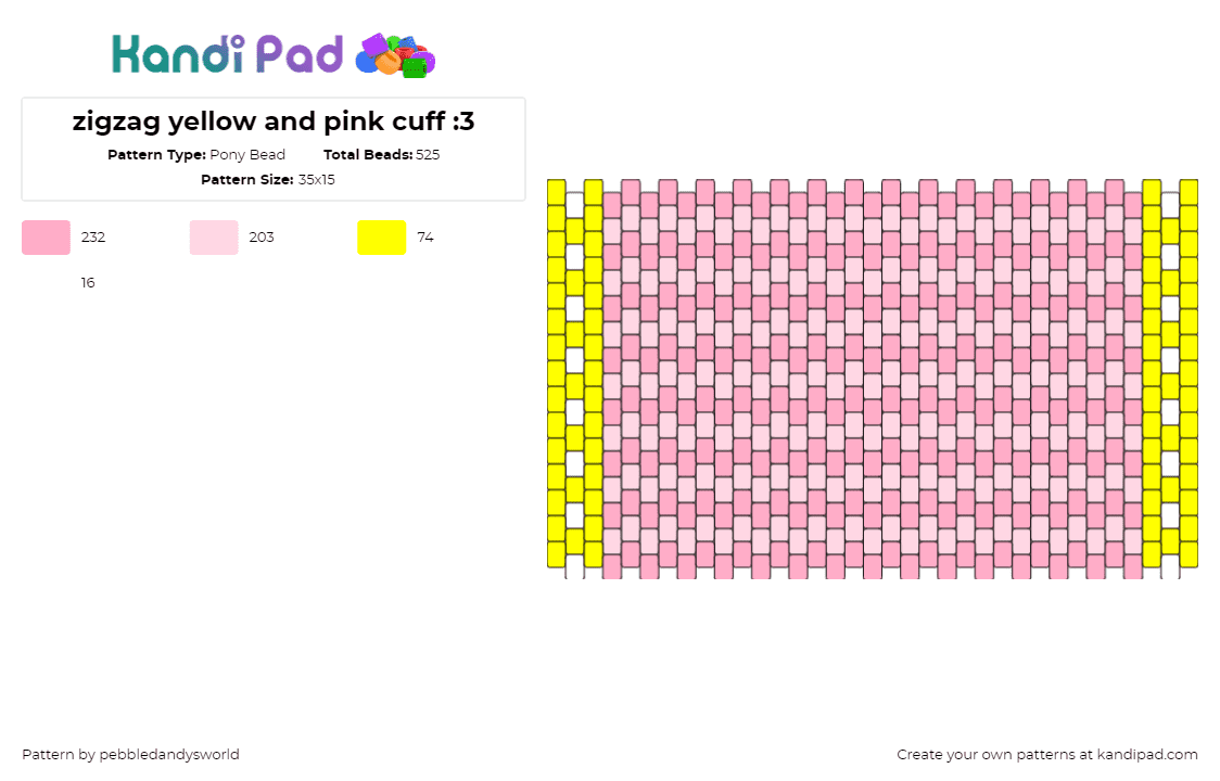 zigzag yellow and pink cuff :3 - Pony Bead Pattern by pebbledandysworld on Kandi Pad - stripes,cuff,pink,yellow