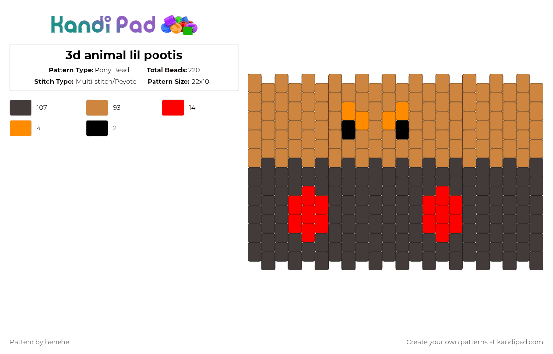 3d animal lil pootis - Pony Bead Pattern by hehehe on Kandi Pad - orange,brown