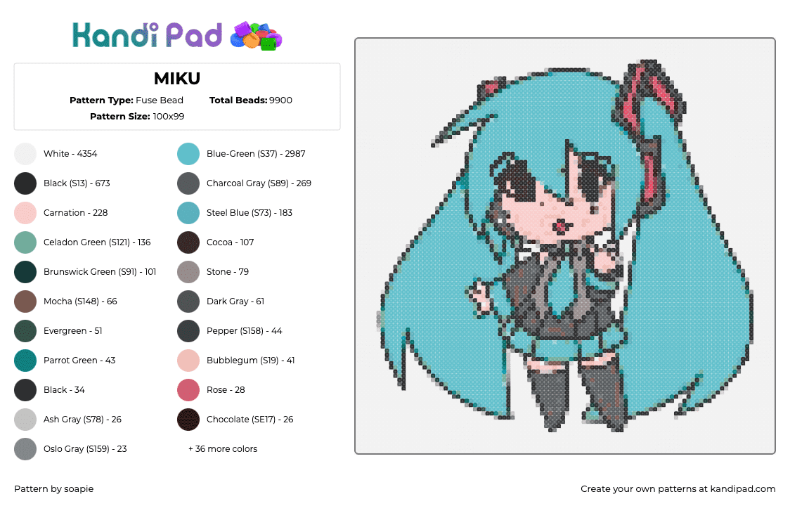 MIKU - Fuse Bead Pattern by soapie on Kandi Pad - hatsune miku,vocaloid,chibi,character,music,teal,gray