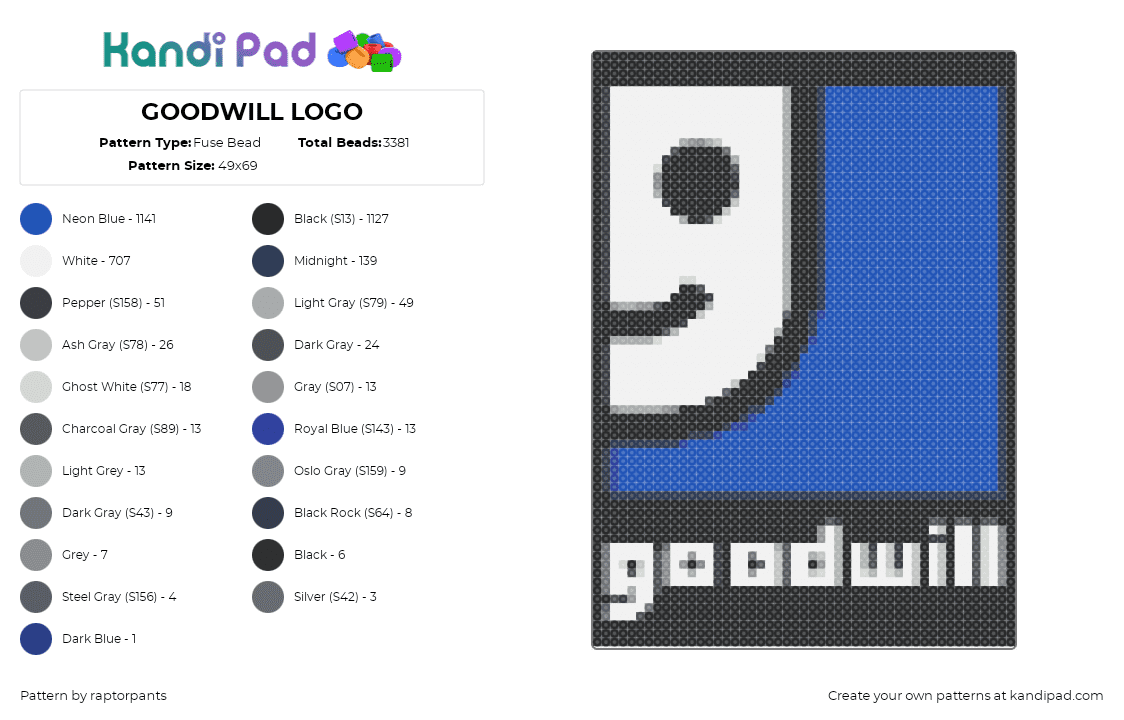 GOODWILL LOGO - Fuse Bead Pattern by raptorpants on Kandi Pad - goodwill,logo,sign,black,blue,white