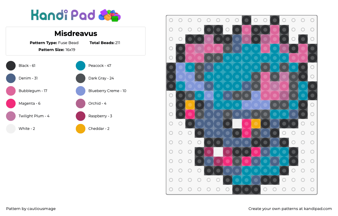 Misdreavus - Fuse Bead Pattern by cautiousmage on Kandi Pad - misdreavus,pokemon,character,gaming,pink,teal