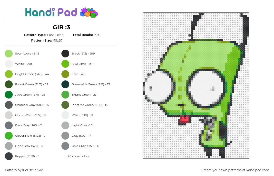 GIR :3 - Fuse Bead Pattern by l0cl_sc3n3kid on Kandi Pad - gir,invader zim,character,tongue,tv show,cartoon,derpy,green