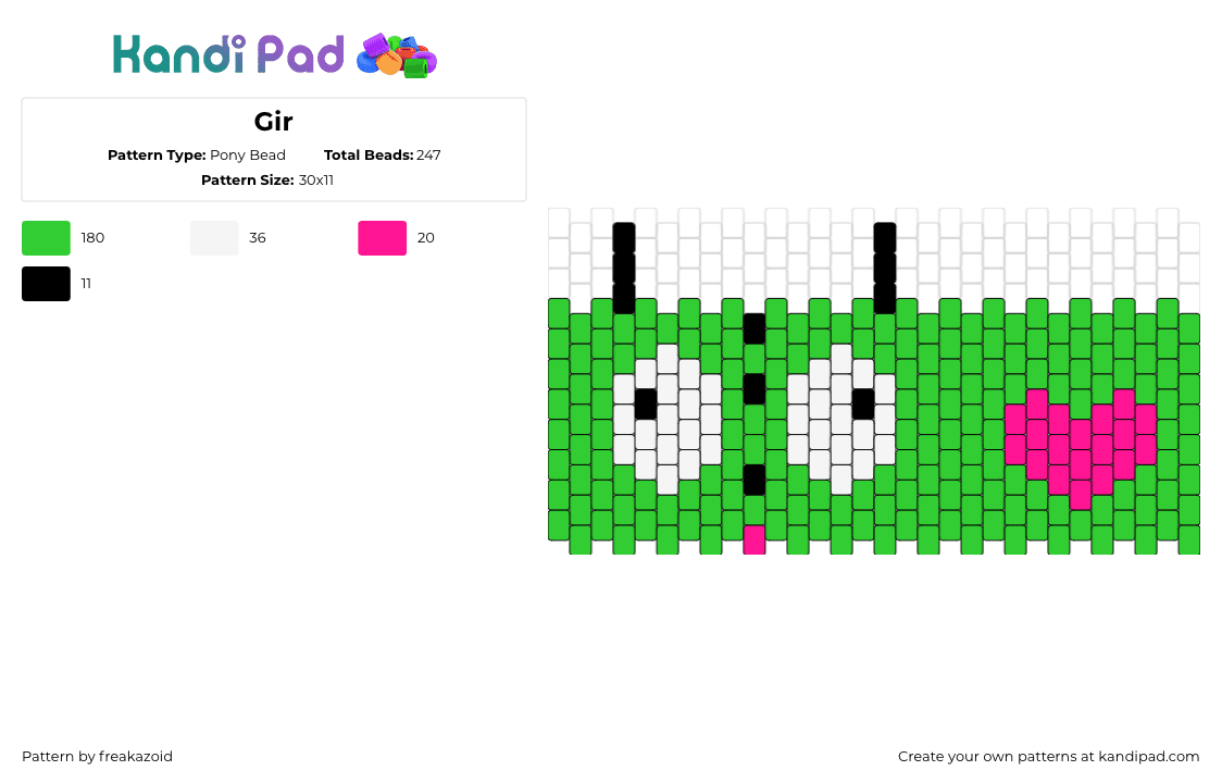 Gir - Pony Bead Pattern by freakazoid on Kandi Pad - gir,invader zim,heart,cuff,tv show,cartoon,derpy,eyes,green,white