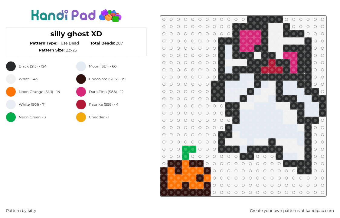 silly ghost XD - Fuse Bead Pattern by kitty on Kandi Pad - ghost,pumpkin,silly,halloween,white,pink,orange