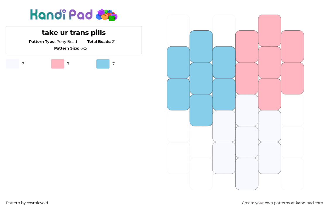 take ur trans pills - Pony Bead Pattern by cosmicvoid on Kandi Pad - transgender,pills,pride,charm,simple,light blue,pink,white