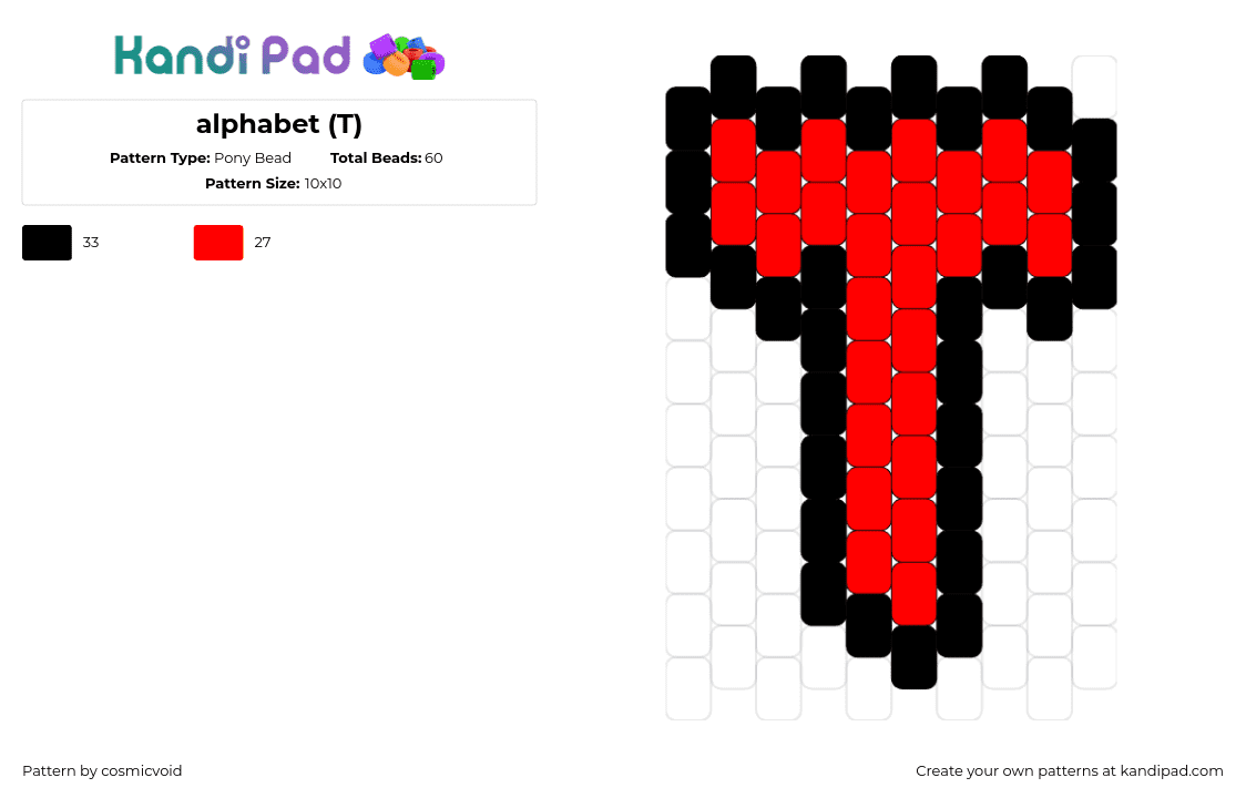 alphabet (T) - Pony Bead Pattern by cosmicvoid on Kandi Pad - t,alphabet,letter,text,charm,red,black