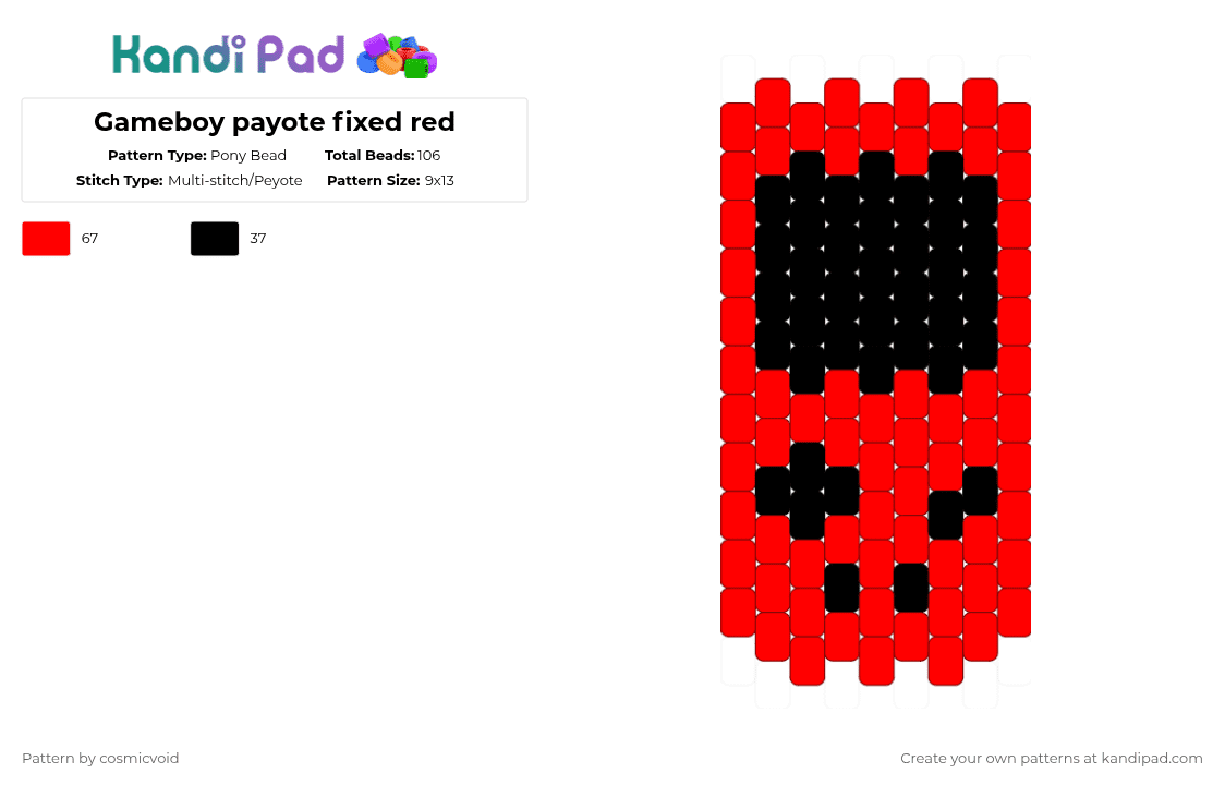 Gameboy payote fixed red - Pony Bead Pattern by cosmicvoid on Kandi Pad - red,black