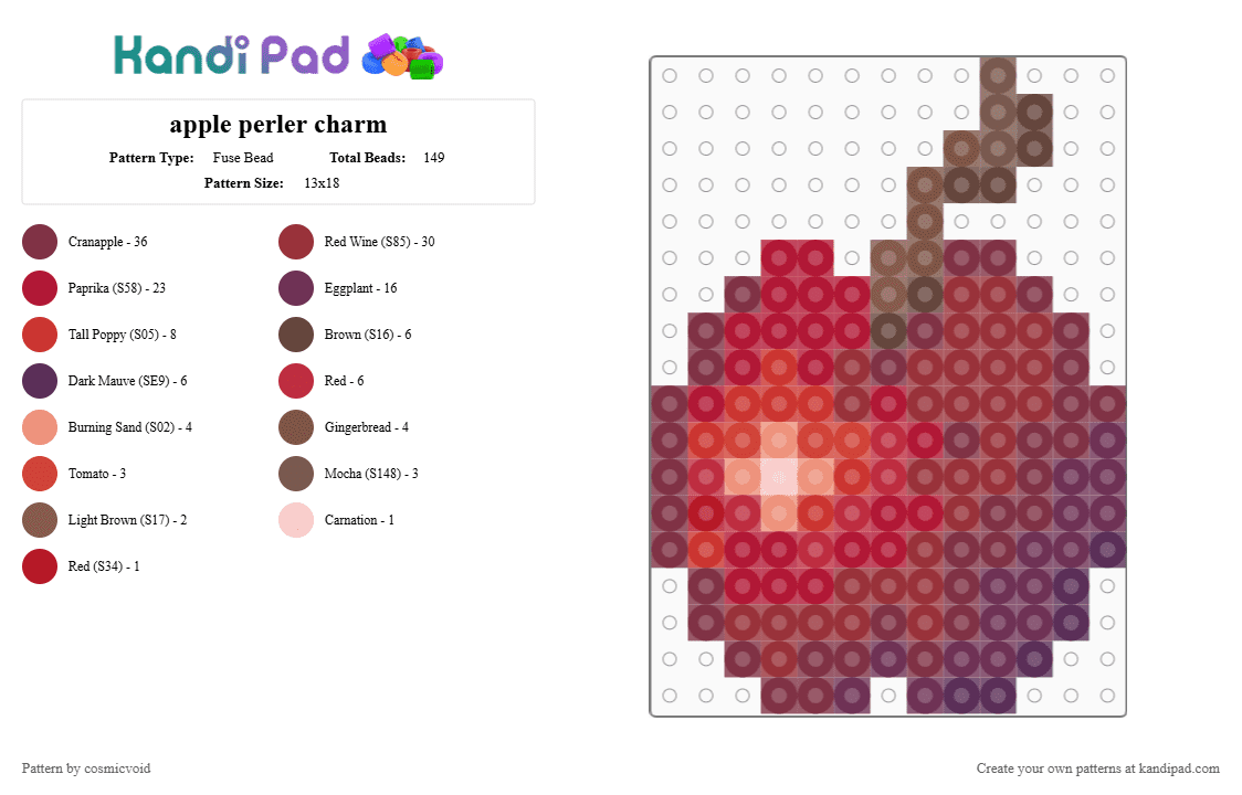 apple perler charm - Fuse Bead Pattern by cosmicvoid on Kandi Pad - red,brown,fruits,obst,detailed,shaded